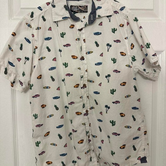First Wave Other - First Wave Mens White Cotton Cactus Palm Tree Car Print Short Sleeve Button Up